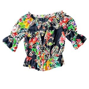 Ralph Lauren Boho On Off Shoulder Top Peplum Black Floral Vibrant Preppy Small